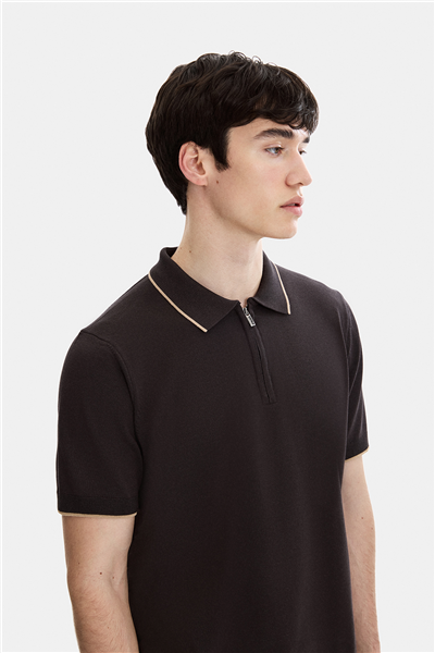 Kahverengi Regular Fit Fermuarlı Polo Yaka Triko