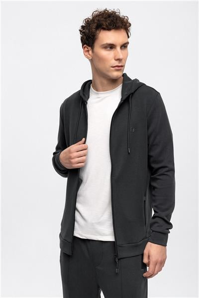 Antrasit Regular Fit Kapüşonlu Fermuarlı Sweatshirt