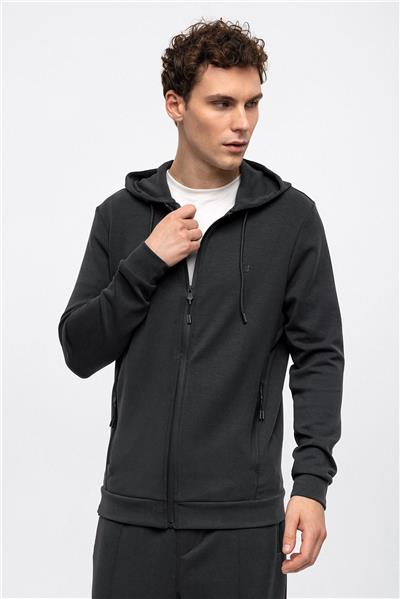 Antrasit Regular Fit Kapüşonlu Fermuarlı Sweatshirt
