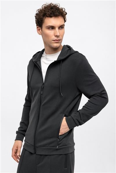 Antrasit Regular Fit Kapüşonlu Fermuarlı Sweatshirt