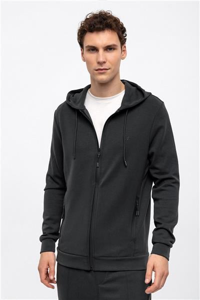 Antrasit Regular Fit Kapüşonlu Fermuarlı Sweatshirt