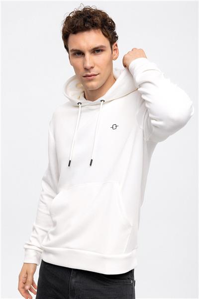 Beyaz Regular Fit Kapüşonlu Kanguru Cepli Sweatshirt