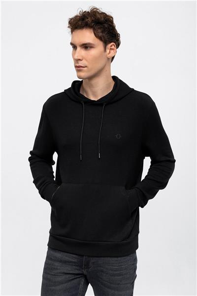 Siyah Regular Fit Kapüşonlu Kanguru Cepli Sweatshirt