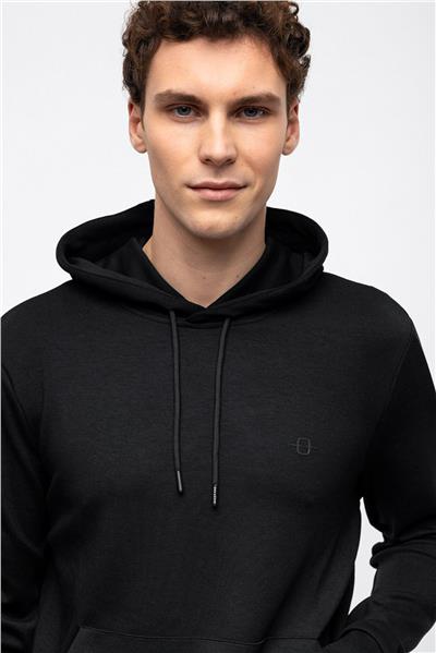 Siyah Regular Fit Kapüşonlu Sweatshirt