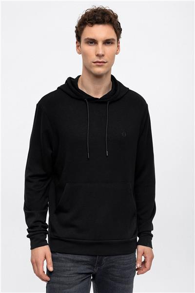 Siyah Regular Fit Kapüşonlu Kanguru Cepli Sweatshirt