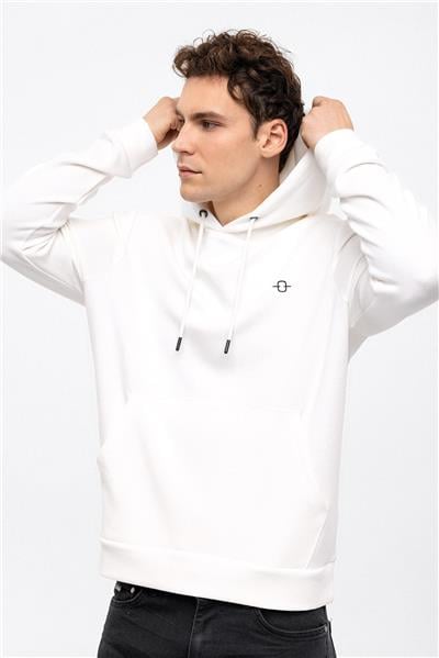 Beyaz Regular Fit Kapüşonlu Kanguru Cepli Sweatshirt