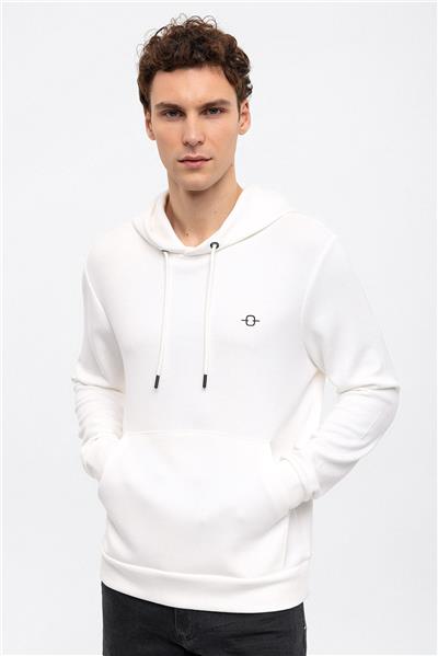 Beyaz Regular Fit Kapüşonlu Kanguru Cepli Sweatshirt