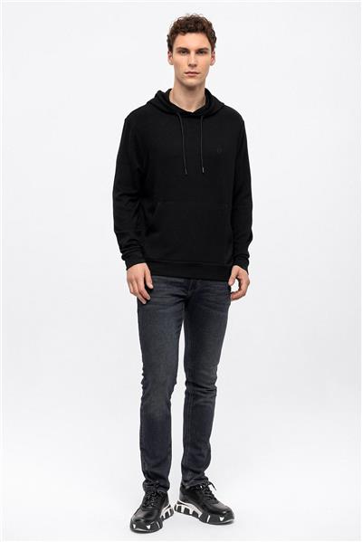Siyah Regular Fit Kapüşonlu Kanguru Cepli Sweatshirt