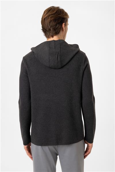 Antrasit Regular Fit Kapüşonlu Yarım Fermuarlı Kanguru Cepli Triko Kazak