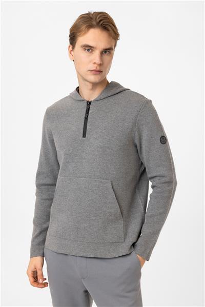 Gir Regular Fit Kapüşonlu Yarım Fermuarlı Kanguru Cepli Triko Kazak