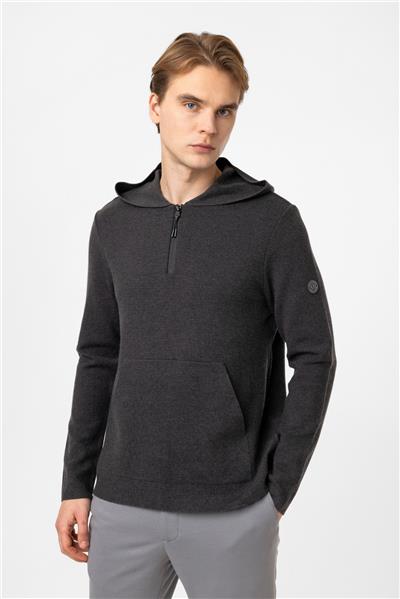 Antrasit Regular Fit Kapüşonlu Yarım Fermuarlı Kanguru Cepli Triko Kazak