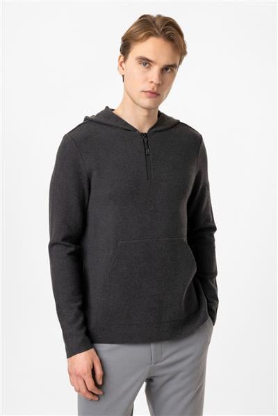 Antrasit Regular Fit Kapüşonlu Yarım Fermuarlı Kanguru Cepli Triko Kazak