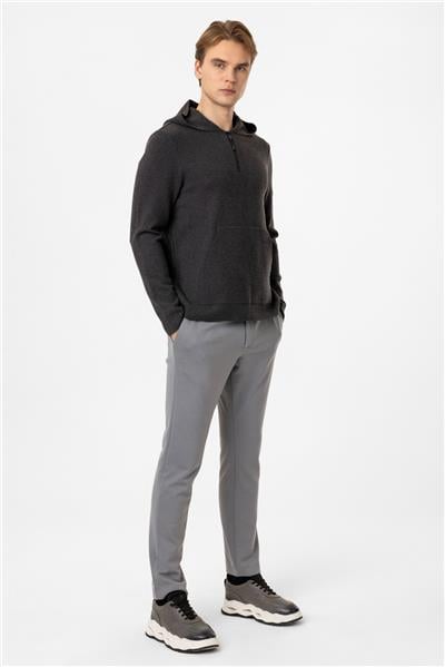 Antrasit Regular Fit Kapüşonlu Yarım Fermuarlı Kanguru Cepli Triko Kazak