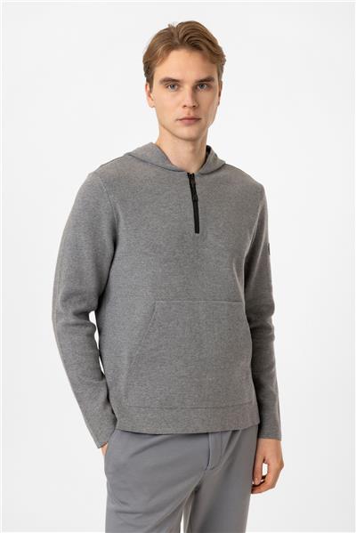 Gir Regular Fit Kapüşonlu Yarım Fermuarlı Kanguru Cepli Triko Kazak