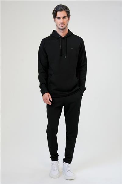 Siyah Regular Fit Pamuklu Kapüşonlu Sweatshirt