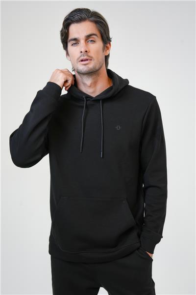Siyah Regular Fit Pamuklu Kapüşonlu Sweatshirt