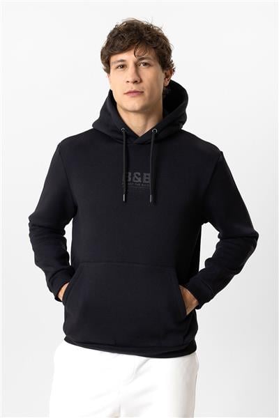 Siyah Regular Fit Pamuklu Kapüşonlu Sweatshirt