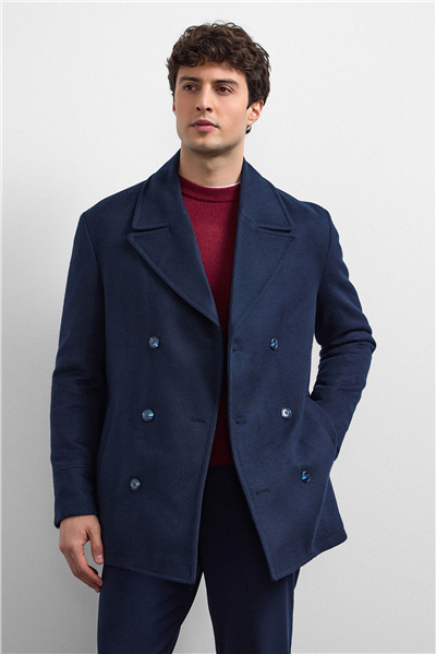 Lacivert Regular Fit Kruvaze Kısa Kaban