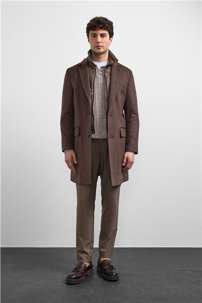 Kahve Regular Fit Kruvaze Kısa Kaban