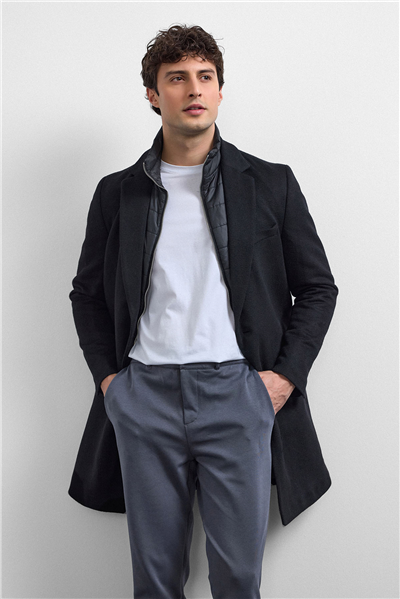 Siyah Regular Fit Kruvaze Kısa Kaban