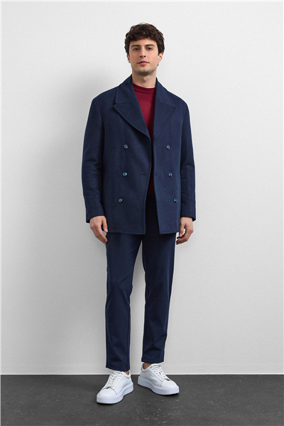 Lacivert Regular Fit Kruvaze Kısa Kaban