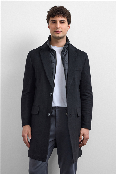 Siyah Regular Fit Kruvaze Kısa Kaban