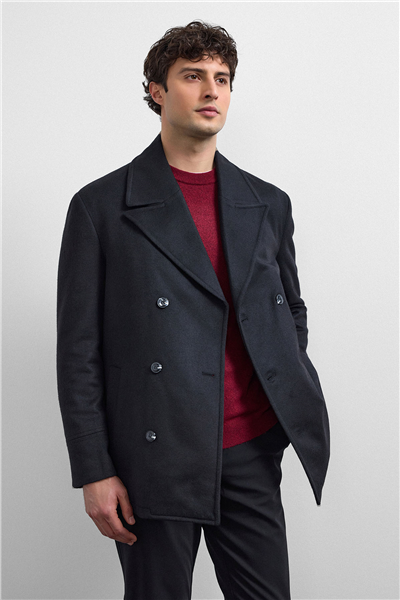 Siyah Regular Fit Kruvaze Kısa Kaban