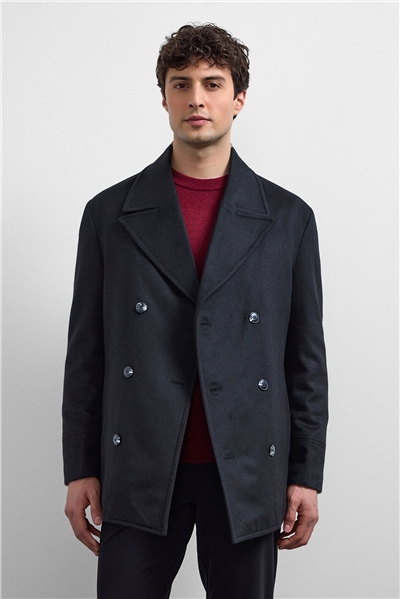 Siyah Regular Fit Kruvaze Kısa Kaban