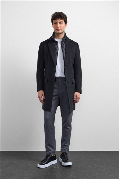 Siyah Regular Fit Kruvaze Kısa Kaban