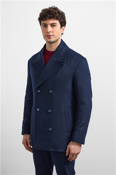 Lacivert Regular Fit Kruvaze Kısa Kaban