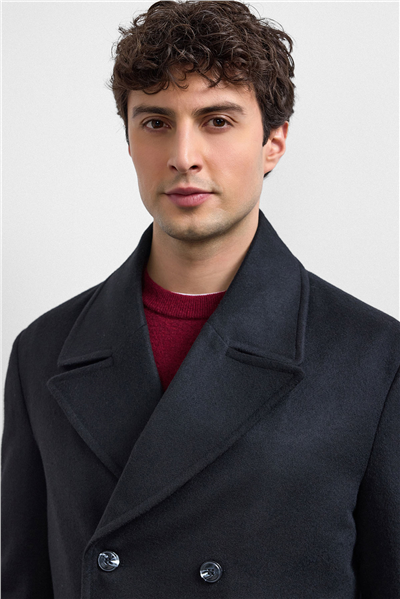 Siyah Regular Fit Kruvaze Kısa Kaban