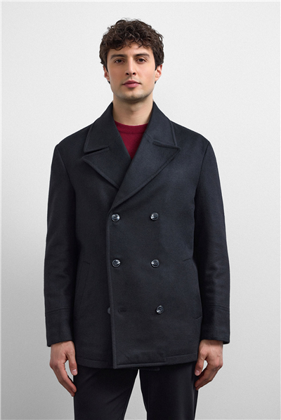 Siyah Regular Fit Kruvaze Kısa Kaban