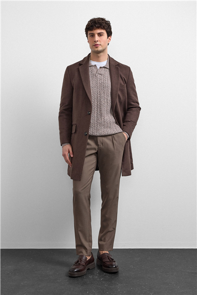 Kahve Regular Fit Kruvaze Kısa Kaban