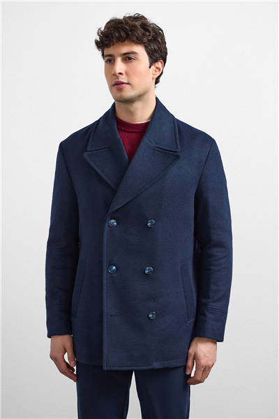 Lacivert Regular Fit Kruvaze Kısa Kaban