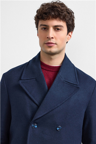 Lacivert Regular Fit Kruvaze Kısa Kaban