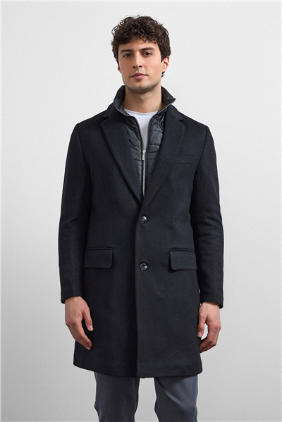 Siyah Regular Fit Kruvaze Kısa Kaban