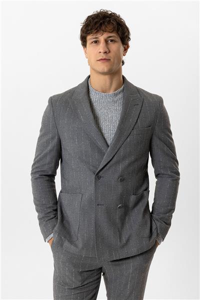 Gri Slim Fit Kırlangıç Yaka Çizgili Kruvaze Ceket