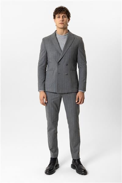Gri Slim Fit Kırlangıç Yaka Çizgili Kruvaze Ceket