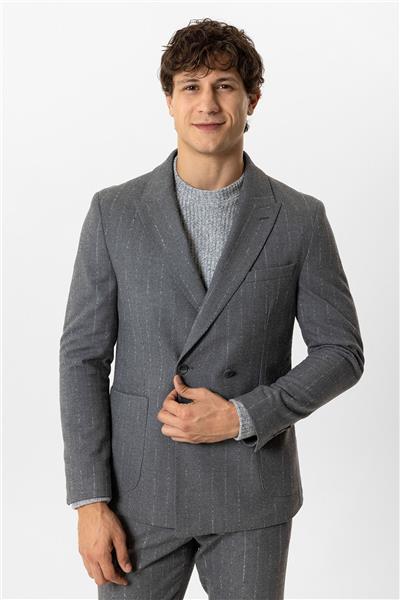 Gri Slim Fit Kırlangıç Yaka Çizgili Kruvaze Ceket