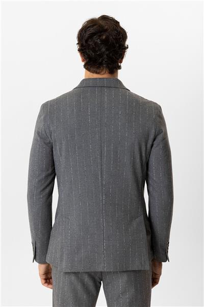 Gri Slim Fit Kırlangıç Yaka Çizgili Kruvaze Ceket