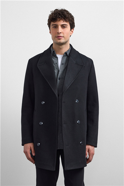 Siyah Regular Fit Kruvaze Kısa Kaban