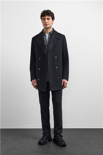 Siyah Regular Fit Kruvaze Kısa Kaban