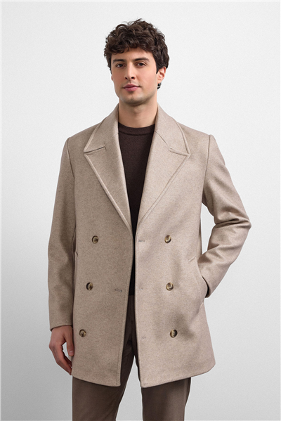 Bej Regular Fit Kruvaze Kısa Kaban