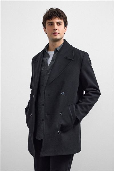 Siyah Regular Fit Kruvaze Kısa Kaban