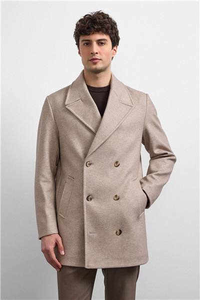 Bej Regular Fit Kruvaze Kısa Kaban