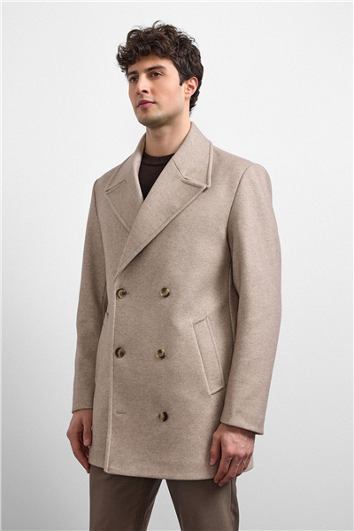 Bej Regular Fit Kruvaze Kısa Kaban