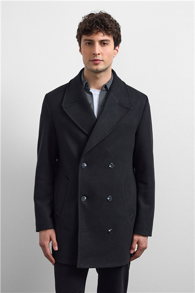 Siyah Regular Fit Kruvaze Kısa Kaban