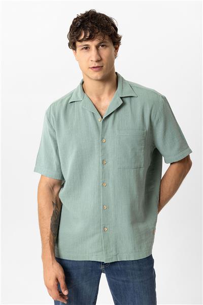Yeşil Relaxed Fit Küba Yaka Kısa Kollu Gömlek