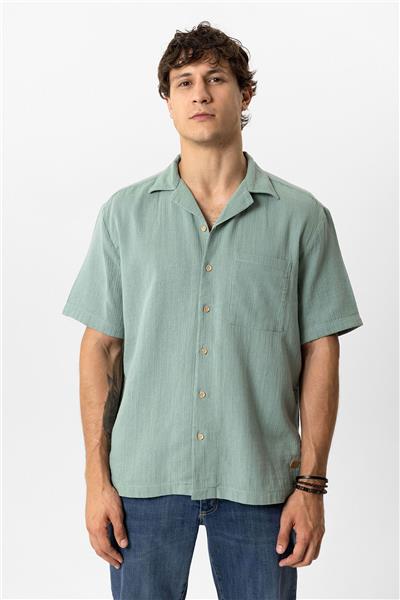 Yeşil Relaxed Fit Küba Yaka Kısa Kollu Gömlek