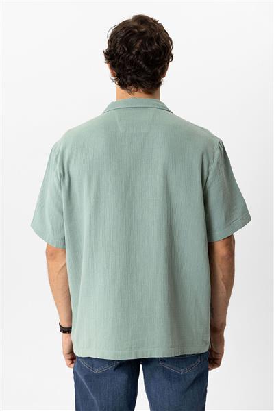 Yeşil Relaxed Fit Küba Yaka Kısa Kollu Gömlek